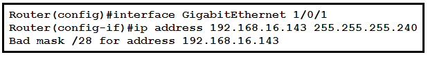Router CLI displaying an error after attempting to configure a broadcast IPv4 address.